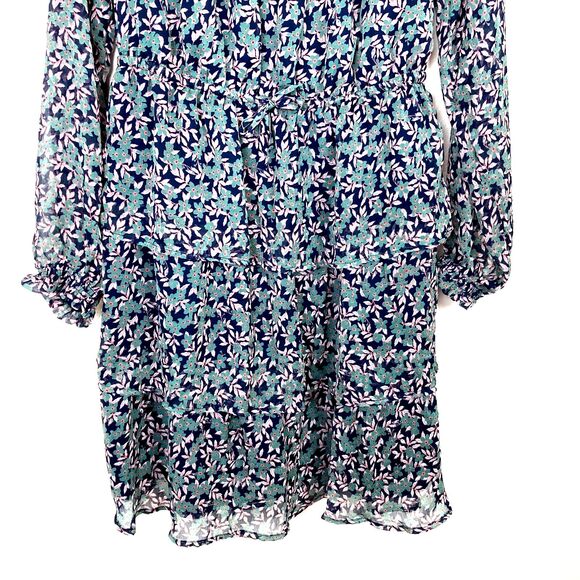 Dip Tiered Midi Dress Size M Green & Blue Floral Tasseled Long Sheer Sleeves - Picture 6 of 9